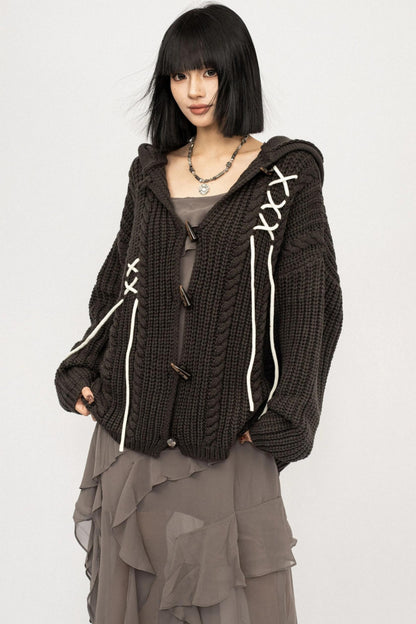 American Retro Knitted Hooded Cardigan