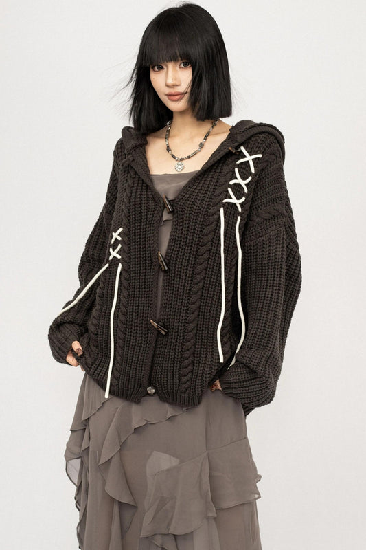 American Retro Knitted Hooded Cardigan