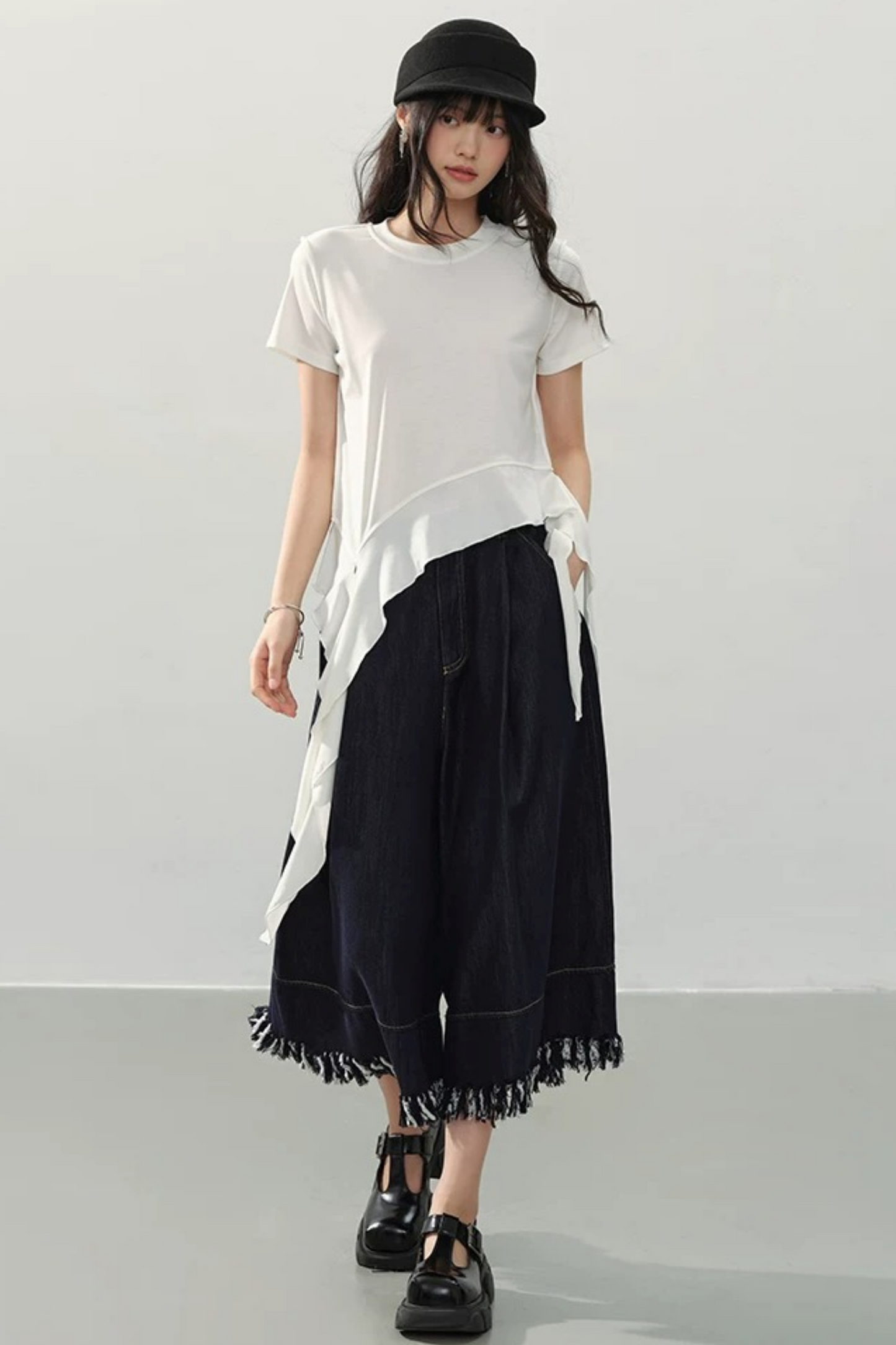 Black Fringe Wide-Leg Denim Culottes