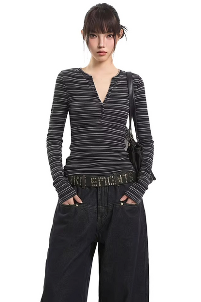 American Retro Striped V-Neck Top