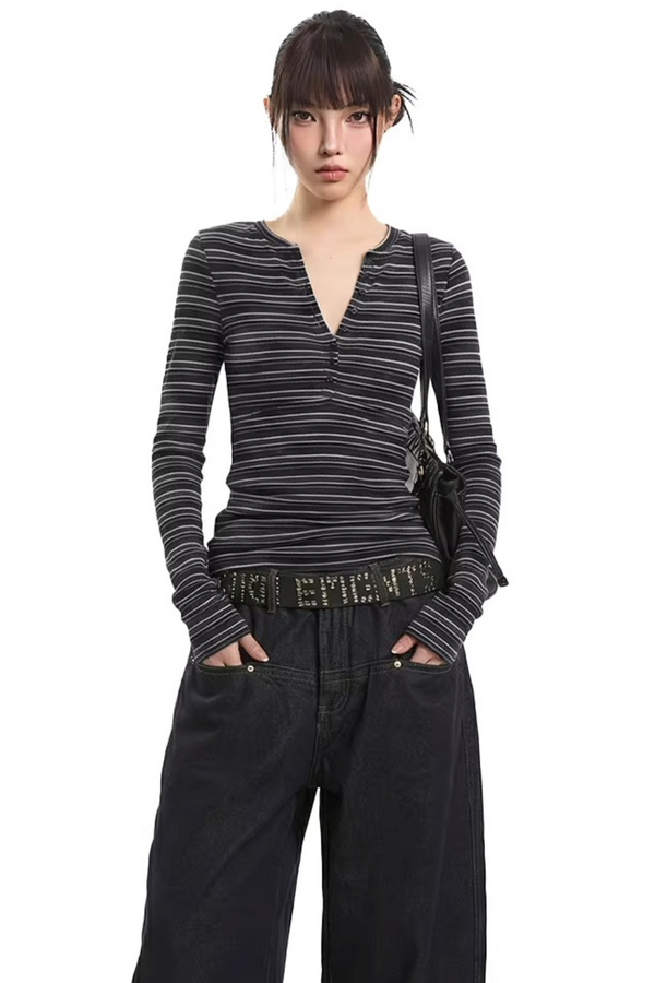 American Retro Striped V-Neck Top