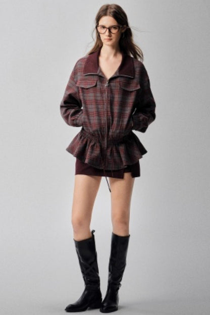 Red Plaid Autumn Waist Jacket