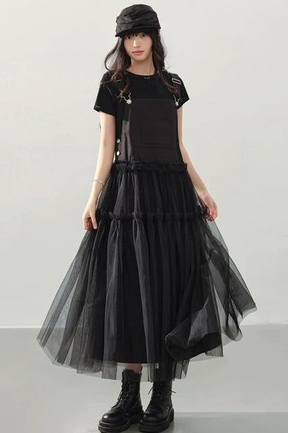 Black Denim Mesh A-Line Dress