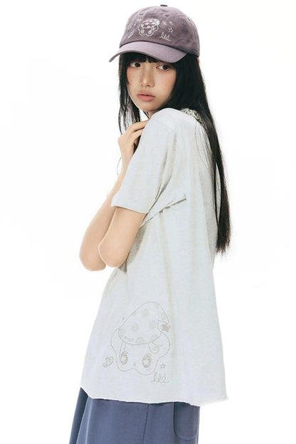 Starwii Printed Ruffled Asymmetrical Shoulder T-Shirt