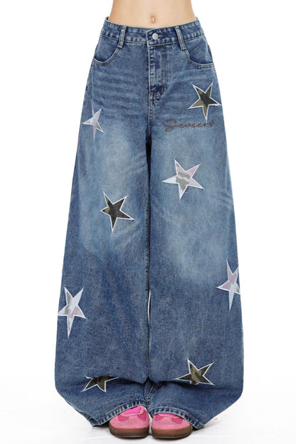 Retro Blue Star Denim Pants