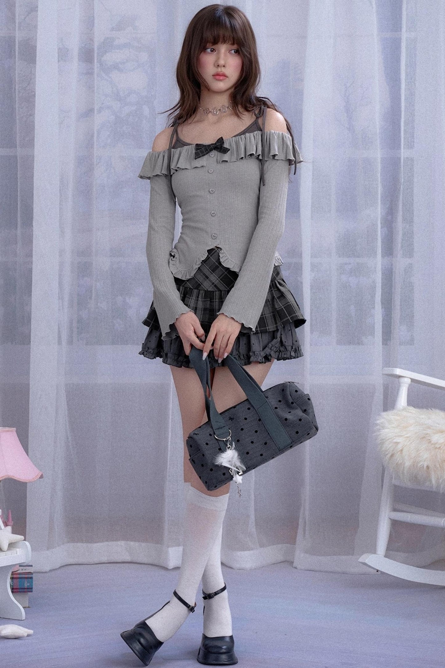 Gray One-Shoulder Long-Sleeved Slim Top