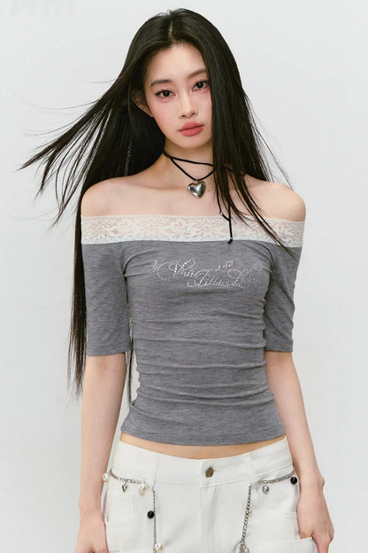 One-Shoulder Lace Rhinestone Short-Sleeve T-Shirt