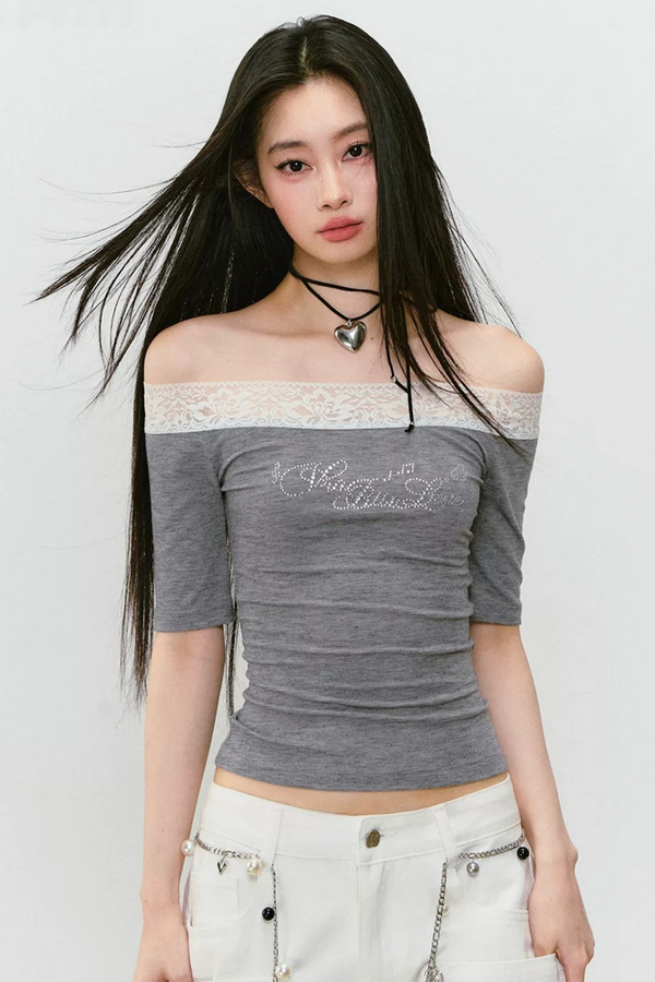 One-Shoulder Lace Rhinestone Short-Sleeve T-Shirt