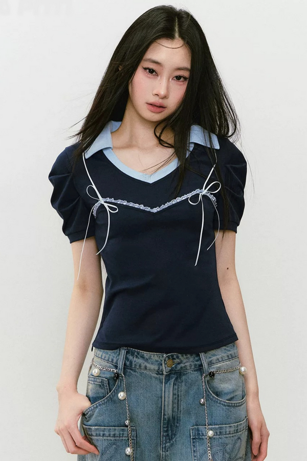 Color-Block Polo Bow Blouse