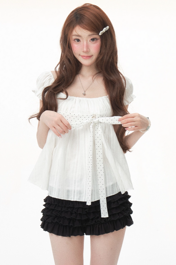 Polka Dot Bow Puff Sleeve Top Set-Up