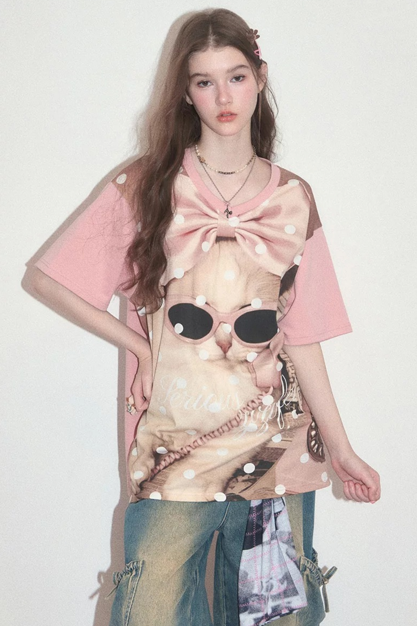 Rosa gepunktetes T-Shirt mit Katzenmotiv
