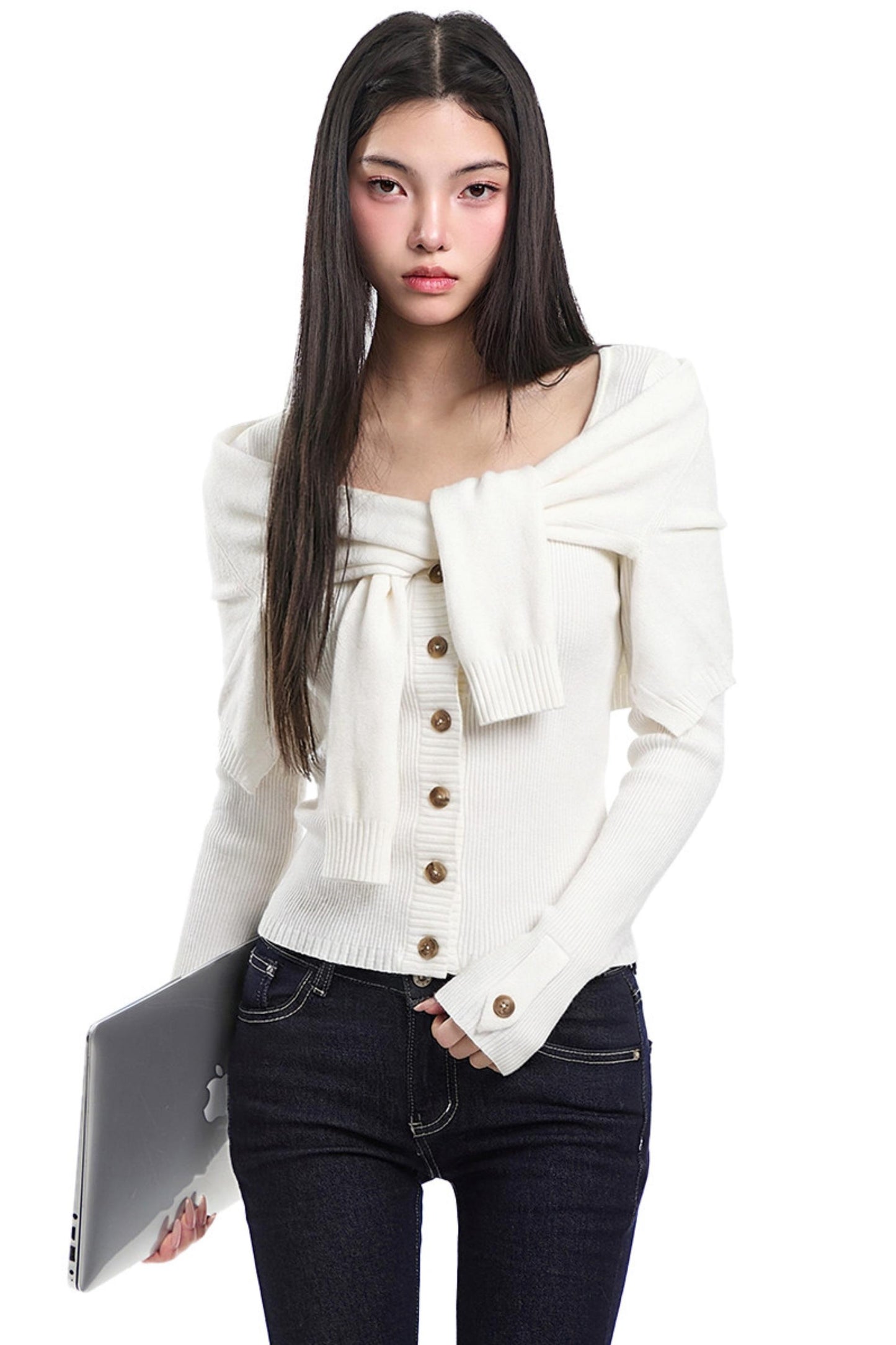 Imitation Shawl Tie Sweater Set