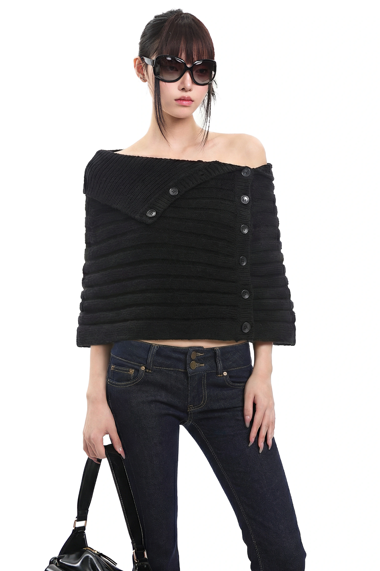 Schwarzer Off-Shoulder Strickpullover