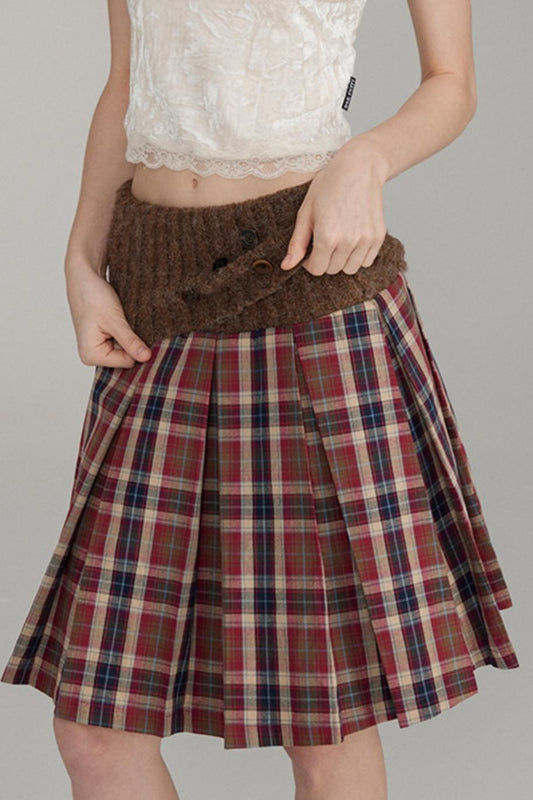 Wool Button Pleated A-Line Skirt