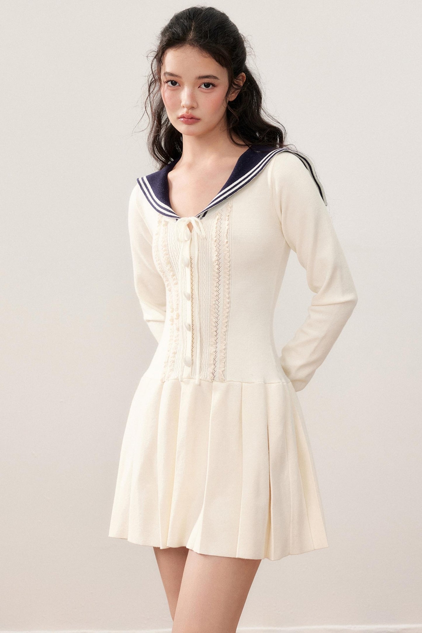 Navy Collar Sailor Sweet Lace Pleated Dress