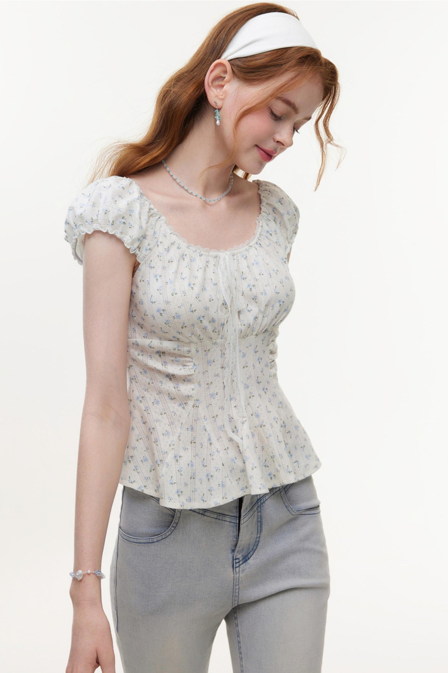 Floral Knit Bubble Sleeve Blouse