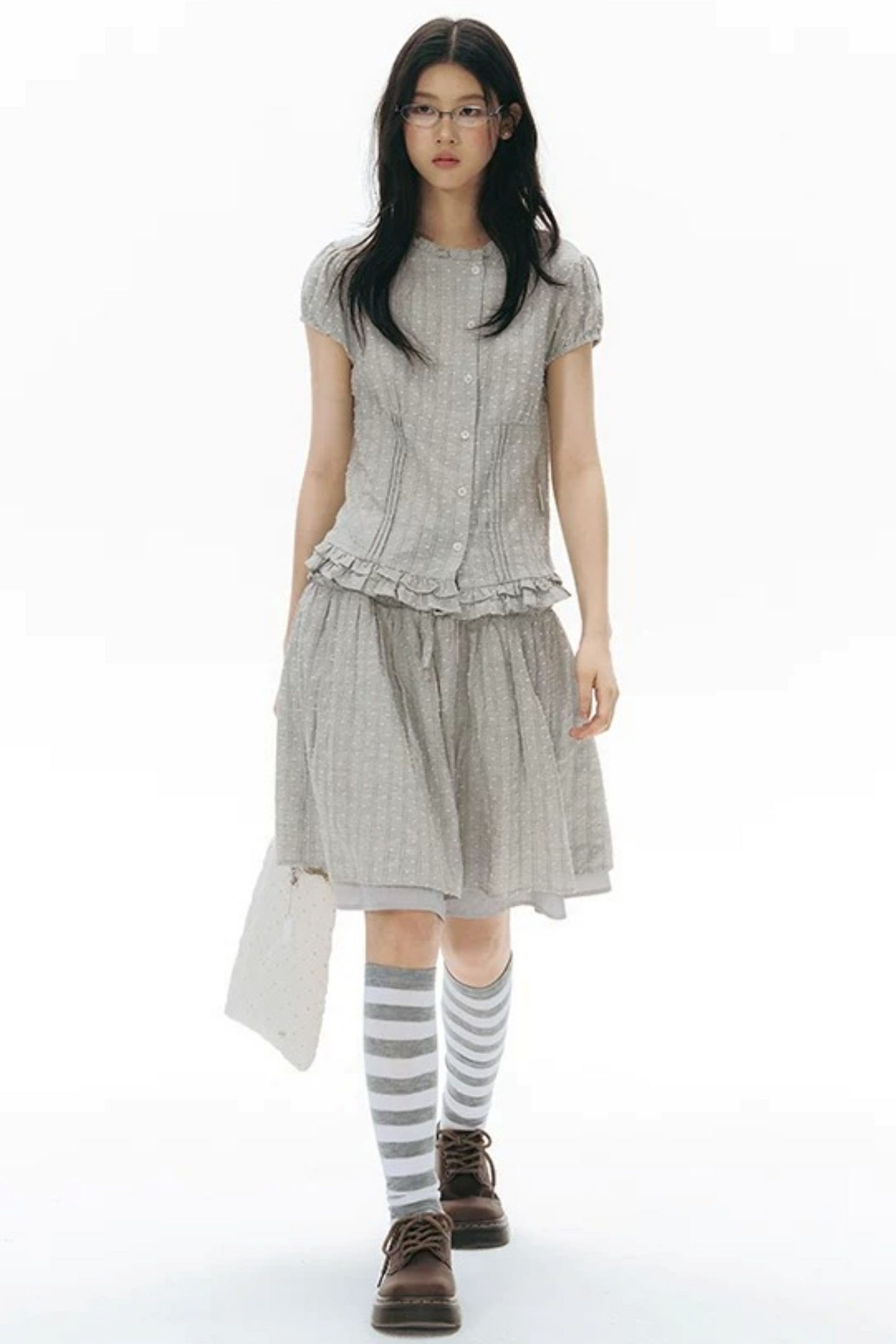 Ruffle Drawstring Blouse & Skirt Set-Up
