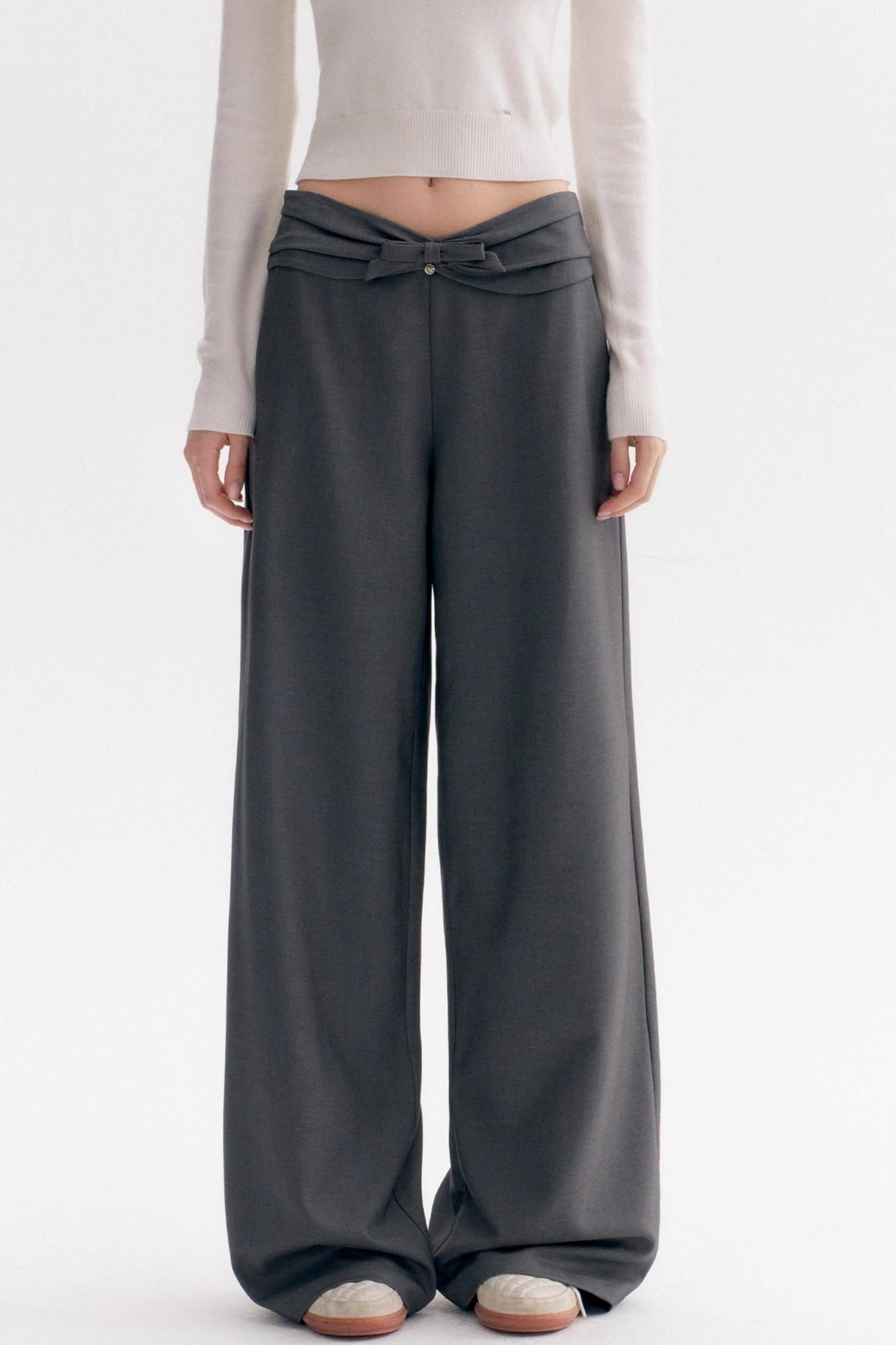Wool Blend Bow Wide-Leg Pants