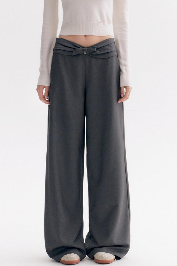 Wool Blend Bow Wide-Leg Pants