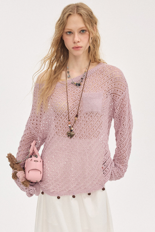 Diagonal Hollow Beaded Knit Sweater