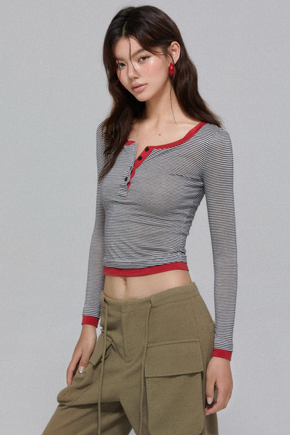 Cropped Stripe Henley Shirt