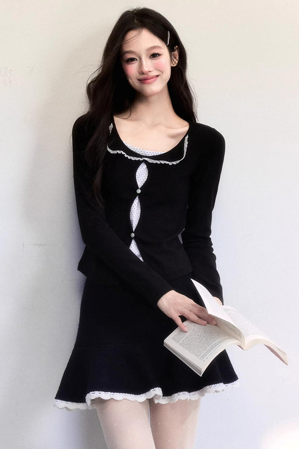 Polka Dot Hollow-Out Knit Sweater Set-Up