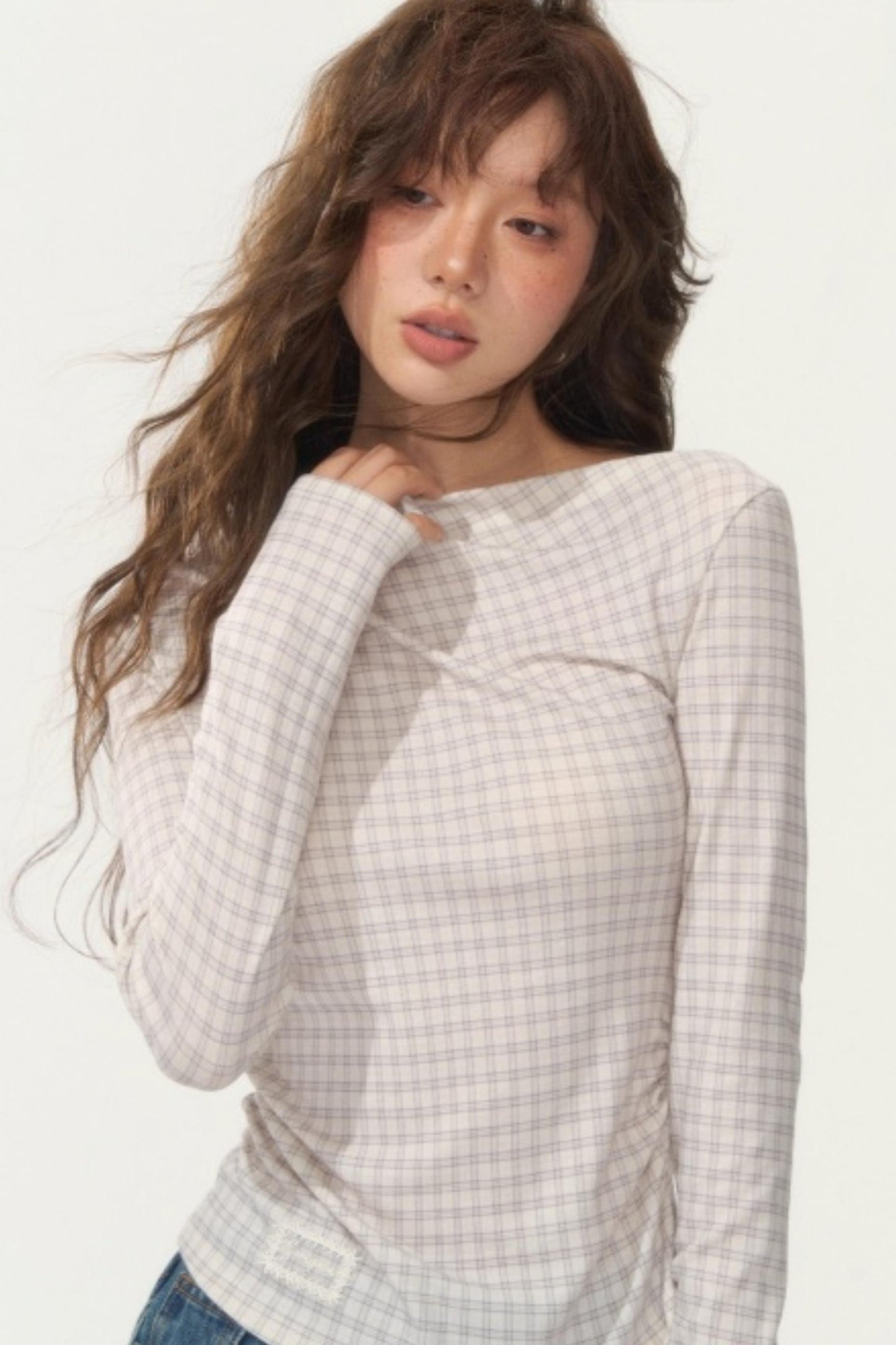 Velvet Plaid One-Shoulder Top