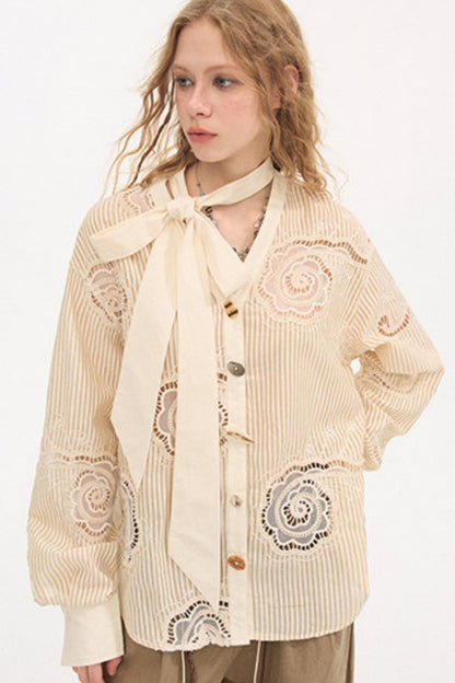 Tie-Back Bow Embroidered Shirt