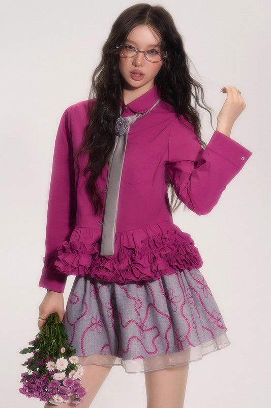 Flower Hem Shirt With Tie Set-Up