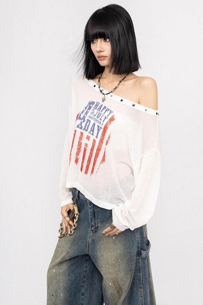 Slanted Shoulder Long Sleeve Top