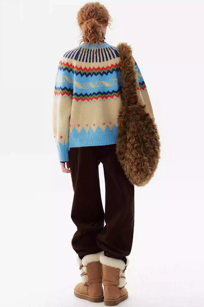 Cartoon Color-Blocked Wool Cardigan