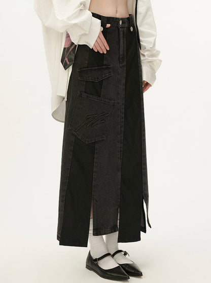 Denim patchwork long skirt