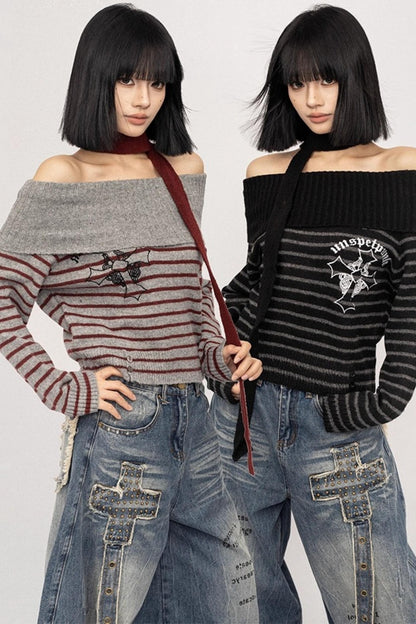 Light Sweet Asian One-Shoulder Knitted Sweater