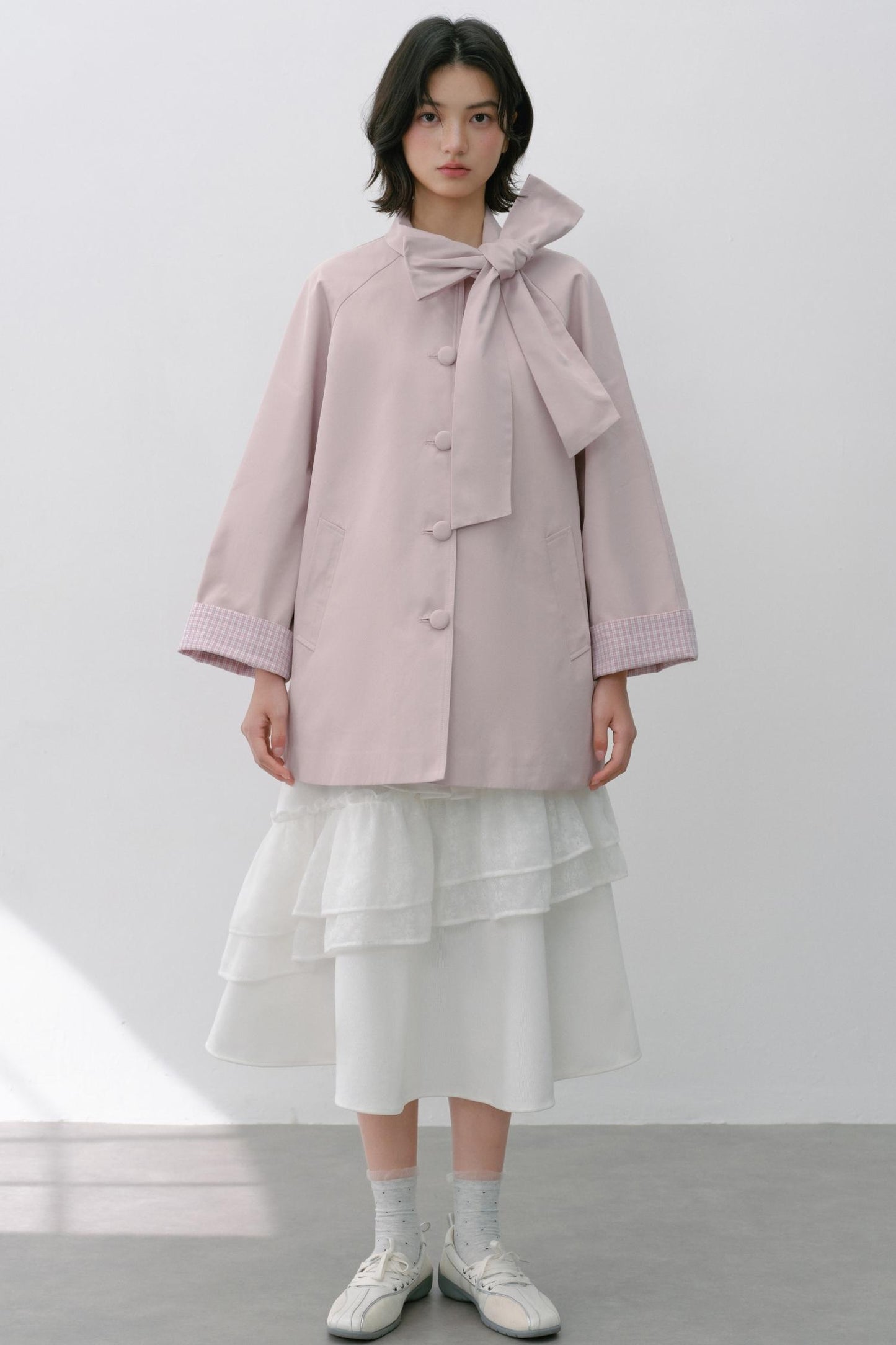Pink Grey Check Bow Trench Coat