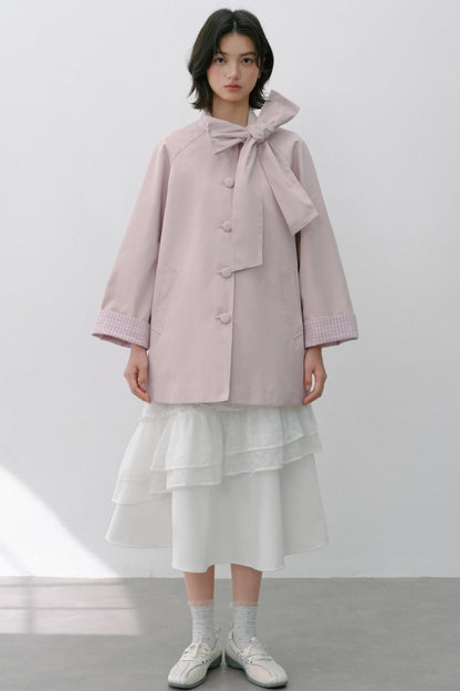 Pink Grey Check Bow Trench Coat