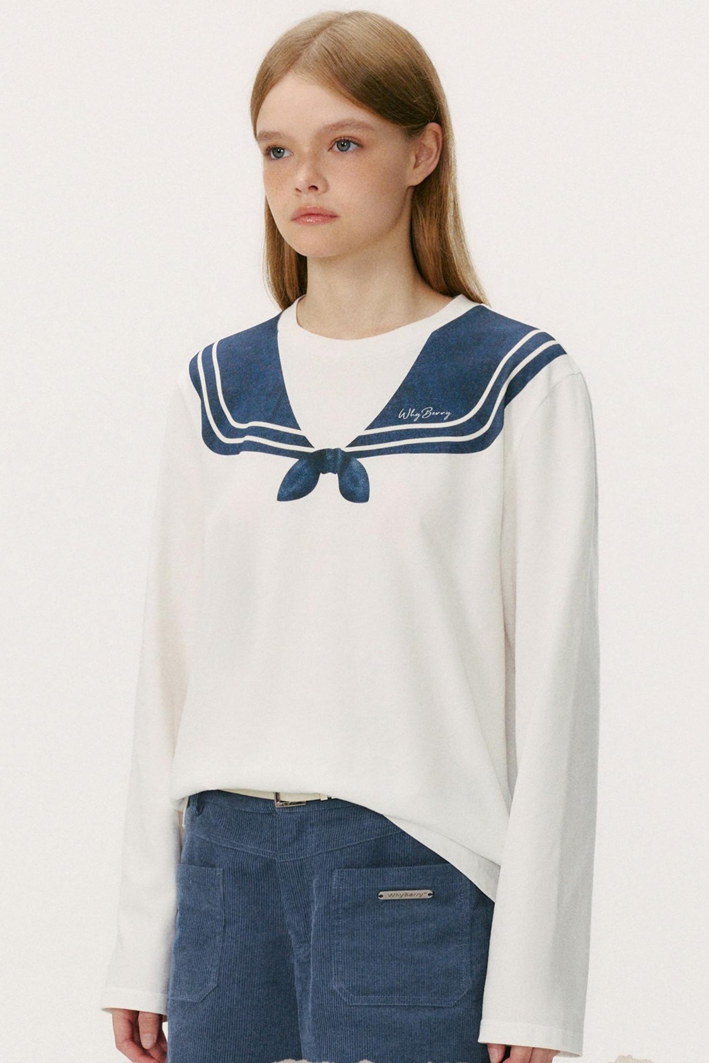 Navy Collar Print Long Sleeve Top