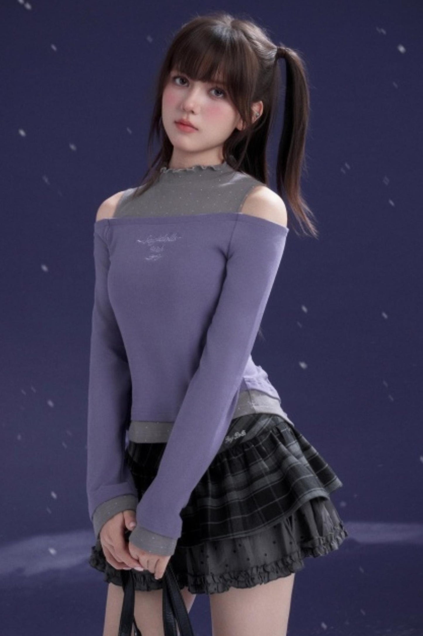 Gray-Purple Bowknot Off-Shoulder Top