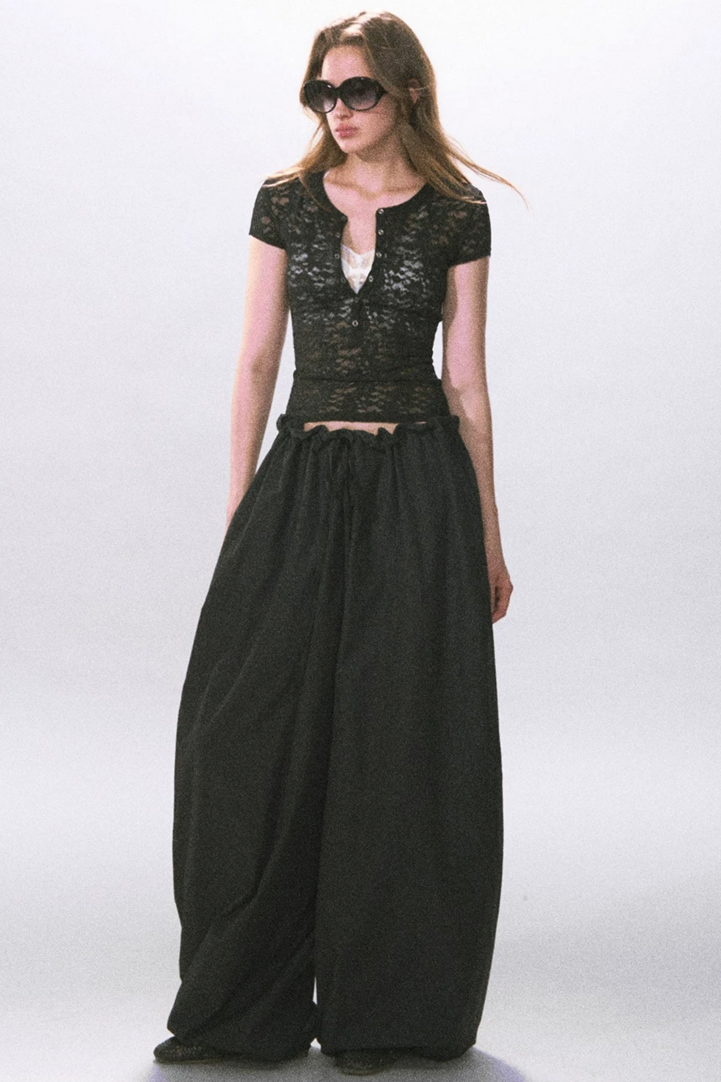 Henry Collar Semi-Sheer Lace T-Shirt
