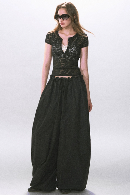 Henry Collar Semi-Sheer Lace T-Shirt