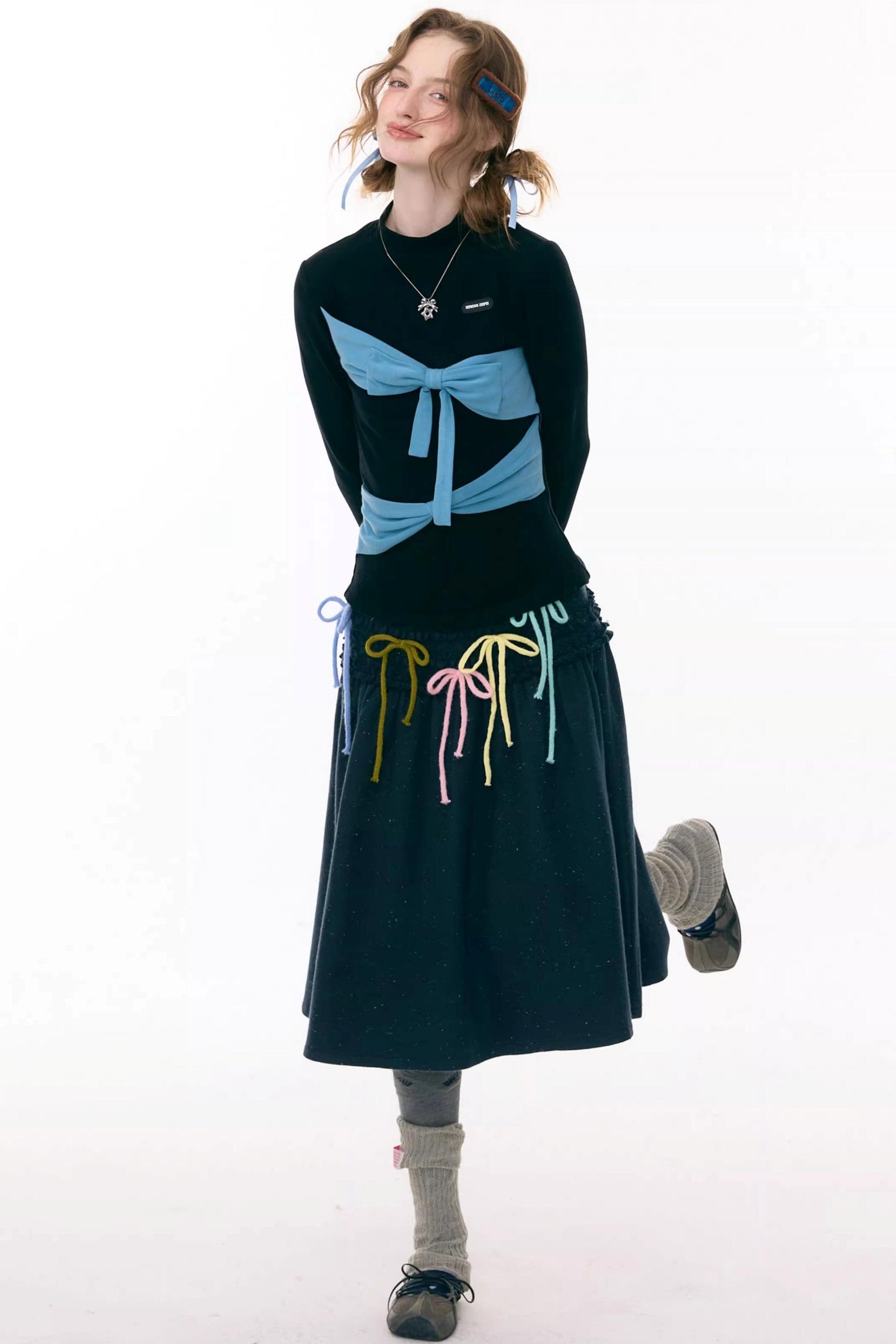 Retro Contrast Bow Knit Top