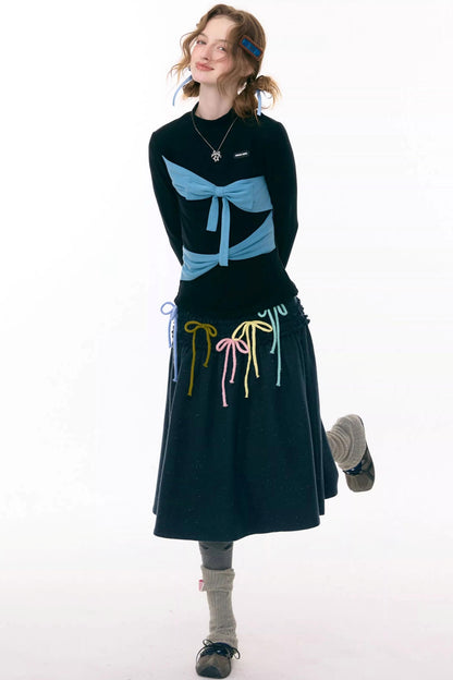 Retro Contrast Bow Knit Top