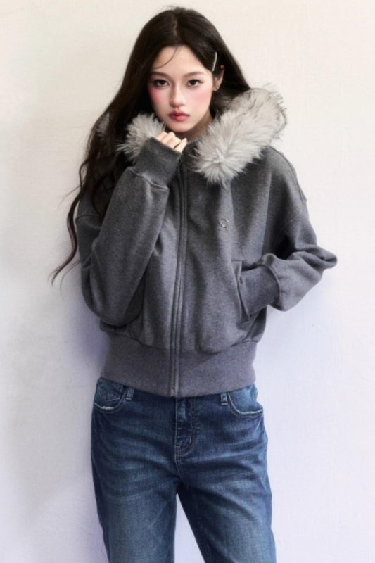 Relaxed Fur Collar Hooded Jacket