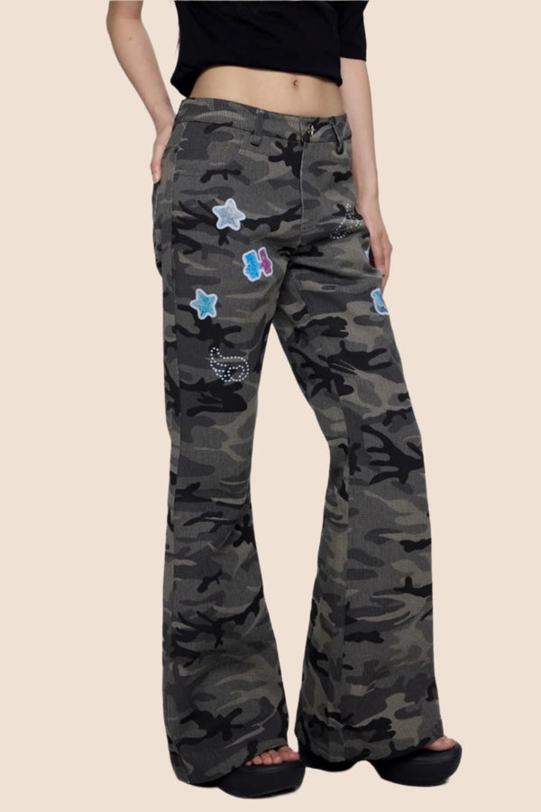 Gray Camouflage Flare Jeans