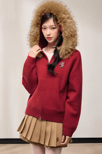 Fur Collar Hooded Knit Cardigan