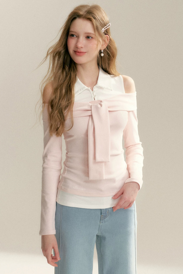 One-Shoulder Tie Patchwork Top