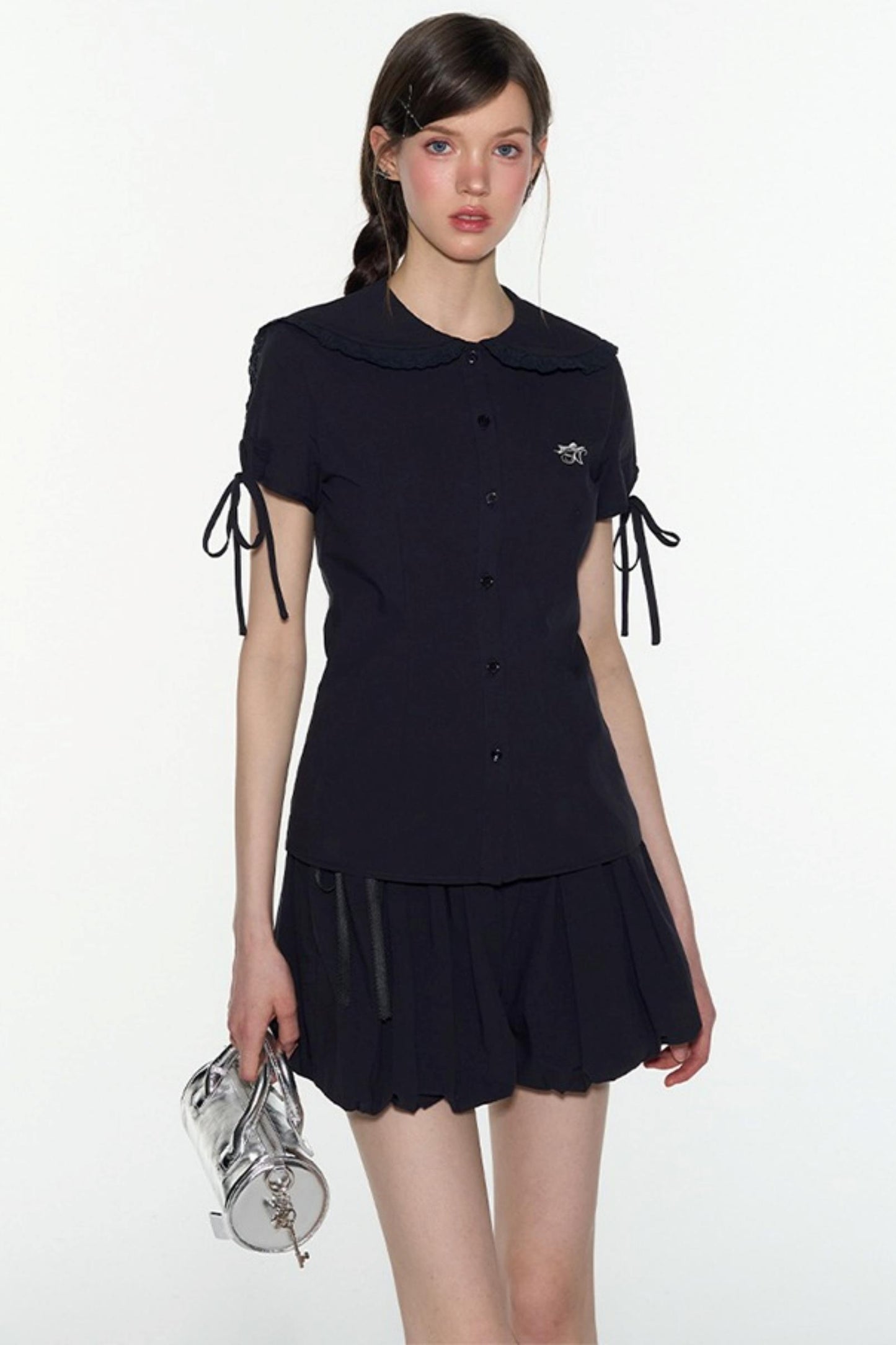 Navy Lace Collar Top & Skirt Set-Up