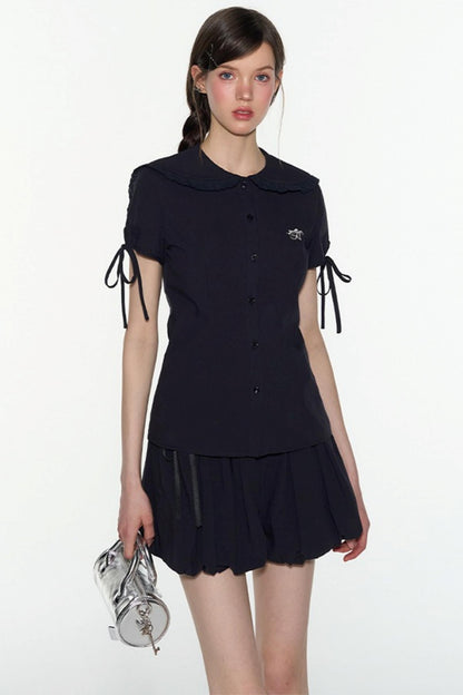 Navy Lace Collar Top & Skirt Set-Up