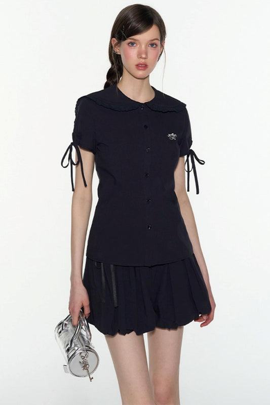 Navy Lace Collar Top & Skirt Set-Up