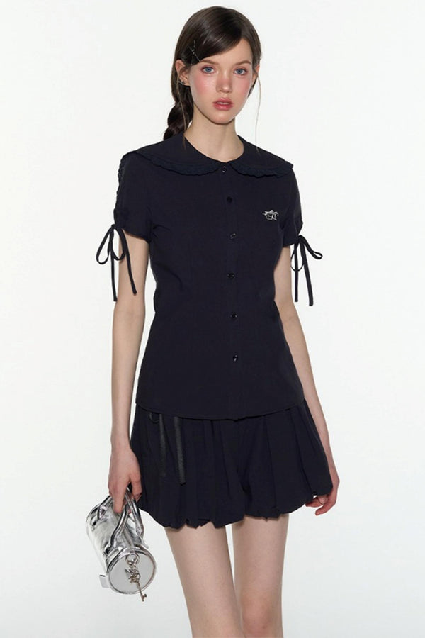 Navy Lace Collar Top & Skirt Set-Up