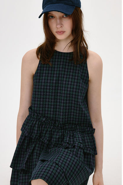 Irregular Plaid Ruffled Vest Dress